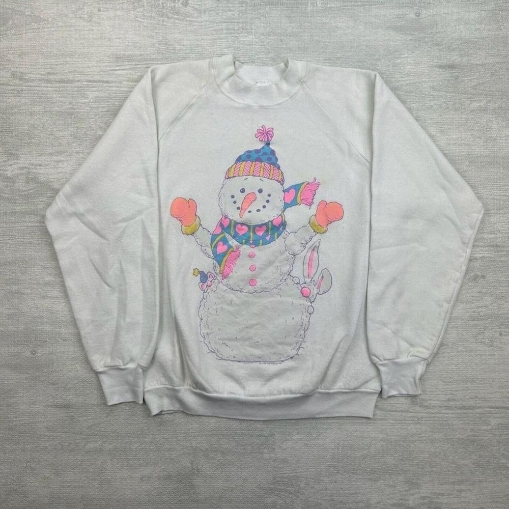 Vintage Snowman Shirt Adult Large White Crewneck Winter Christmas
